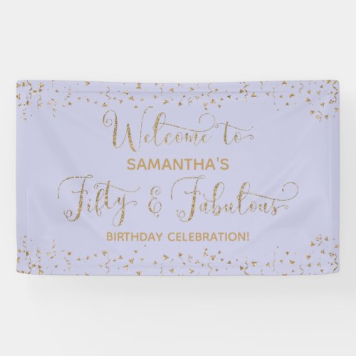 Fifty  Fabulous Party Welcome Gold and Lavender 2 Banner