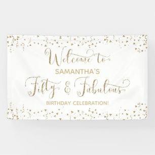 Fifty & Fabulous Party Welcome Gold and White 2 Banner