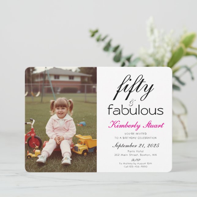 Fifty & Fabulous Photo 50th Script Birthday Party Invitation (Standing Front)