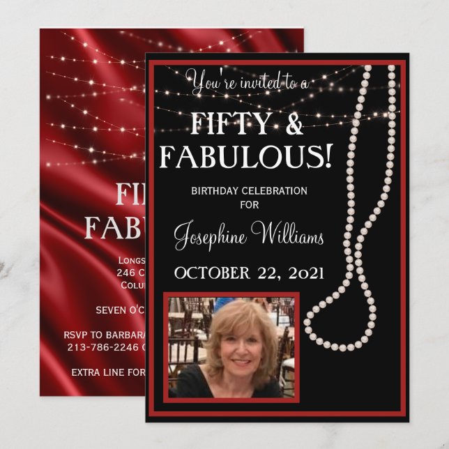Fifty & Fabulous Photo Red and Black Pearls Party  Invitation (Front/Back)