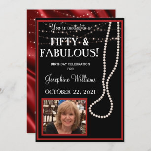 Fifty & Fabulous Photo Red and Black Pearls Party Invitation