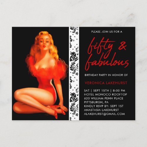 Fifty  Fabulous Pin Up Birthday Party Invitation Postcard