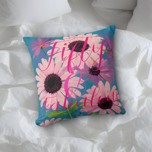 Fifty  Fabulous Pink Daisy on Blue Happy Birthday Throw Pillow