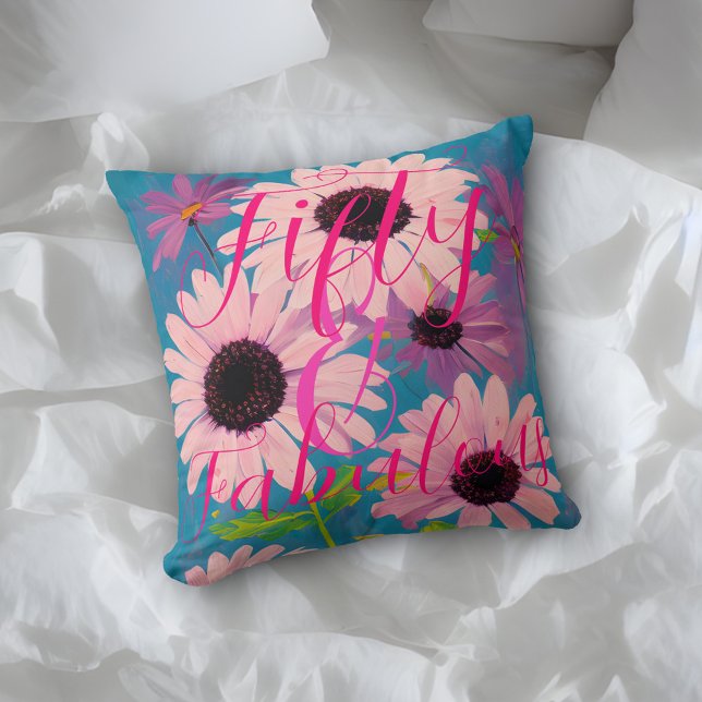 Fifty & Fabulous Pink Daisy on Blue Happy Birthday Throw Pillow (Creator Uploaded)