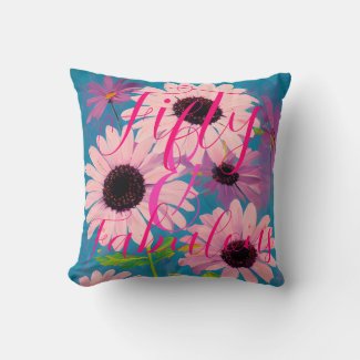Fifty & Fabulous Pink Daisy on Blue Happy Birthday