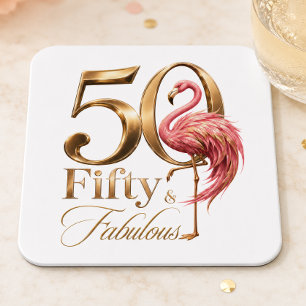 Fifty & Fabulous Pink Flamingo 50th Birthday Party Square Paper Coaster