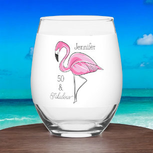 Fifty & Fabulous Pink Flamingo Personalized Stemless Wine Glass