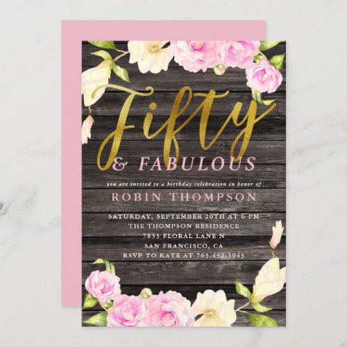 Fifty  Fabulous Pink Floral Birthday Party Invitation