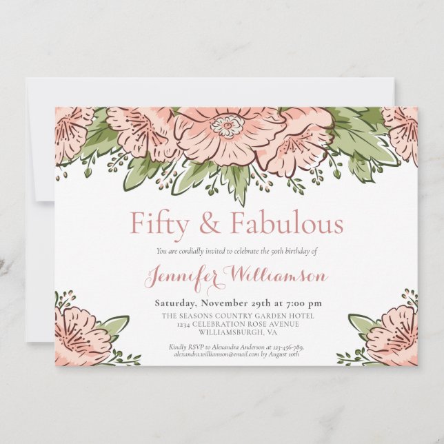 Fifty & Fabulous Pink Flowers 50th Birthday Party Invitation (Front)