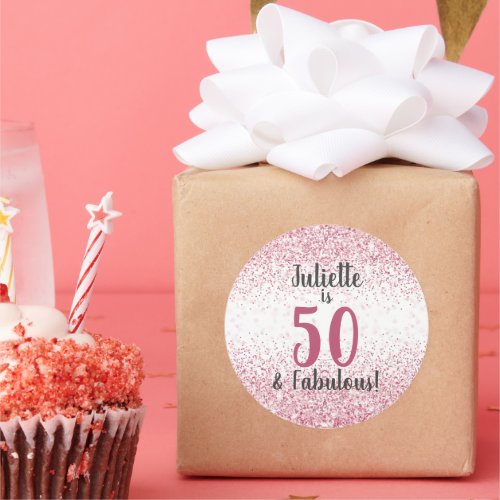 Fifty  Fabulous Pink Glitter Confetti Birthday Classic Round Sticker