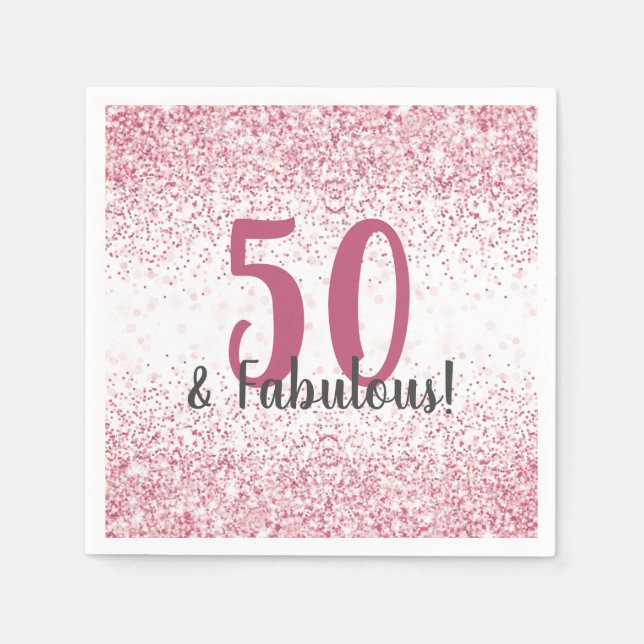 Fifty & Fabulous Pink Glitter Confetti Birthday Napkins (Front)
