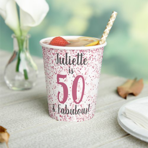Fifty  Fabulous Pink Glitter Confetti Birthday Paper Cups