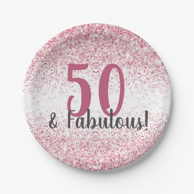 Fifty & Fabulous Pink Glitter Confetti Birthday Paper Plates (Front)