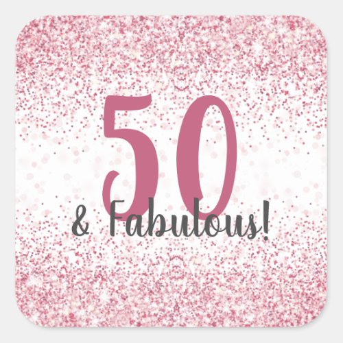 Fifty  Fabulous Pink Glitter Confetti Birthday Square Sticker