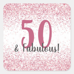 Fifty & Fabulous Pink Glitter Confetti Birthday Square Sticker