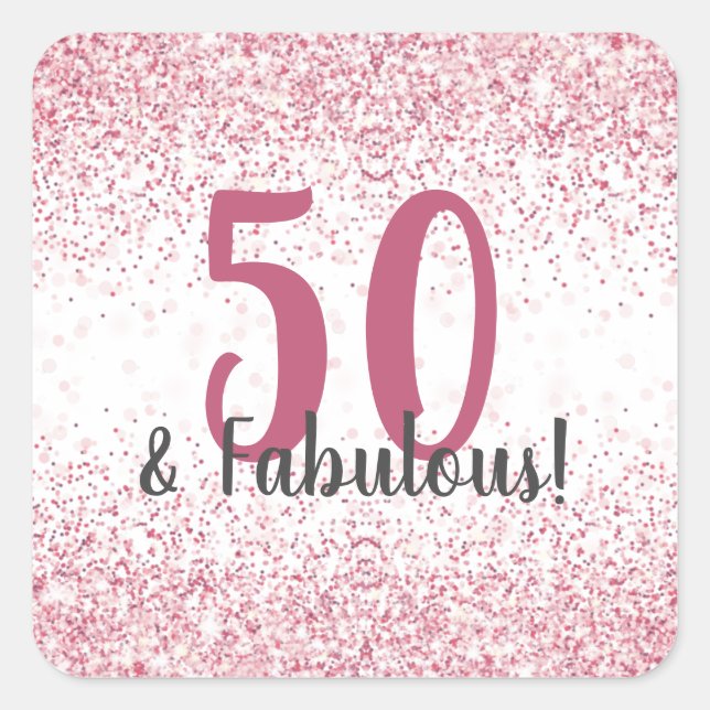 Fifty & Fabulous Pink Glitter Confetti Birthday Square Sticker (Front)