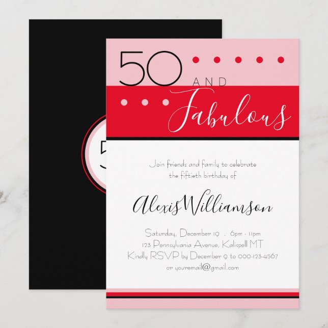 Fifty Fabulous Pink Red Modern Birthday Invitation (Front/Back)