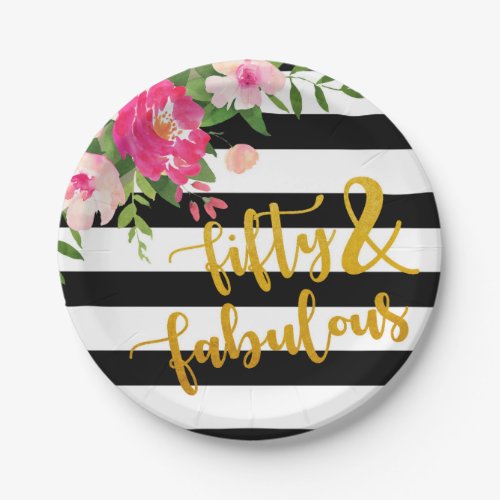 Fifty  Fabulous Plate _ Floral with Black  White