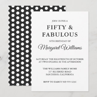 Fifty & Fabulous Polka Dots Black White Trendy Invitation