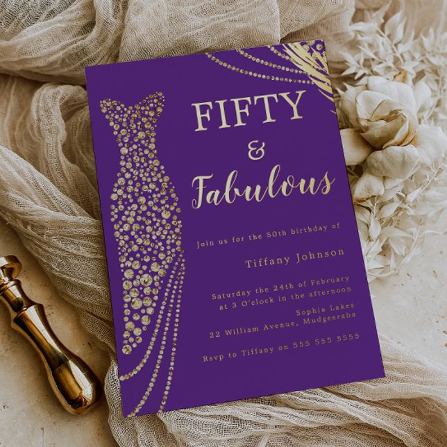 Fifty & Fabulous Purple & Gold 50th Birthday  Foil Invitation (Creator Uploaded)