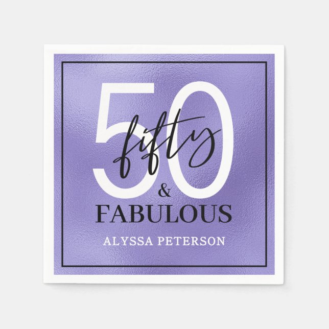 Fifty & Fabulous Purple Script 50th Birthday Napkins (Front)