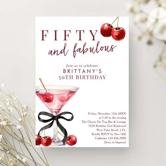 Fifty & Fabulous Red Cherry Martini 50th Birthday Invitation (Creator Uploaded)