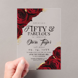 Fifty & Fabulous Red  Gold Roses Birthday Acrylic Invitations