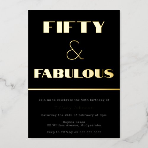 Fifty  Fabulous Retro Black  Gold 50th Birthday Foil Invitation