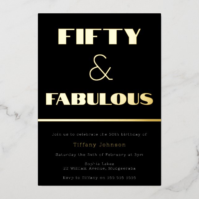 Fifty & Fabulous! Retro Black & Gold 50th Birthday Foil Invitation (Front)