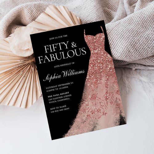 Fifty  Fabulous Rose Gold Dress 50th Birthday Invitation