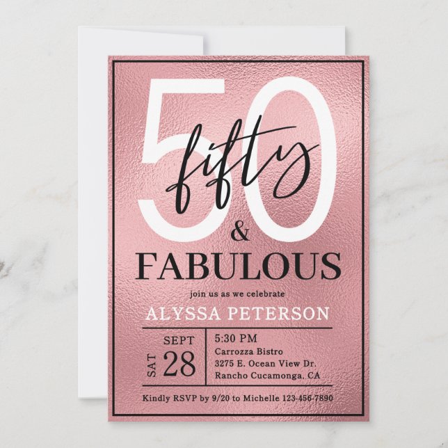 Fifty & Fabulous Rose Gold Script 50th Birthday Invitation (Front)