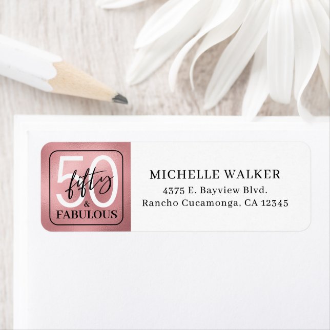 Fifty & Fabulous Rose Gold Script 50th Birthday Label (Insitu)