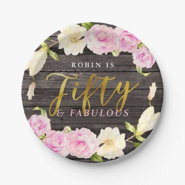 Fifty & Fabulous Rustic Floral Birthday Party Paper Plates (Front)