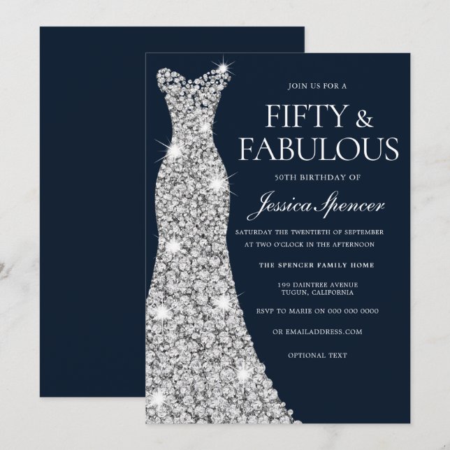 Fifty & Fabulous Silver Diamond Gown 50th Birthday Invitation (Front/Back)