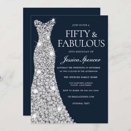 Fifty  Fabulous Silver Diamond Gown 50th Birthday Invitation