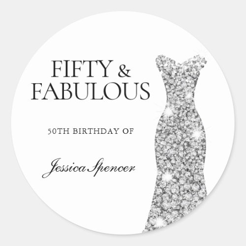 Fifty  Fabulous Silver Dress 50th Birthday Party Classic Round Sticker