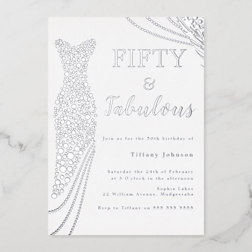 Fifty  Fabulous Silver Foil Dress 50th Birthday Foil Invitation