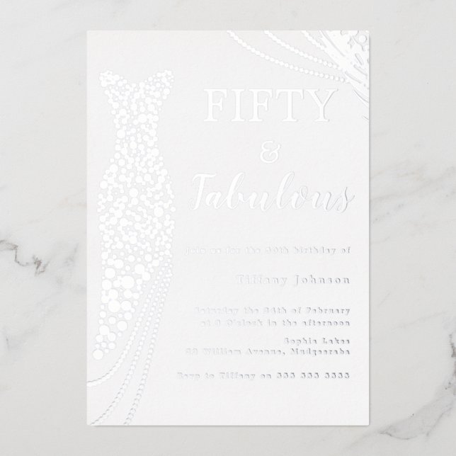 Fifty & Fabulous Silver Foil Dress 50th Birthday Foil Invitation (Front)