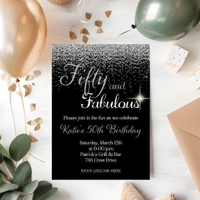 Fifty Fabulous Silver Glitter Birthday Invitation (Creator Uploaded)