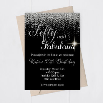 Fifty Fabulous Silver Glitter Birthday Invitation by SugSpc_Invitations at Zazzle