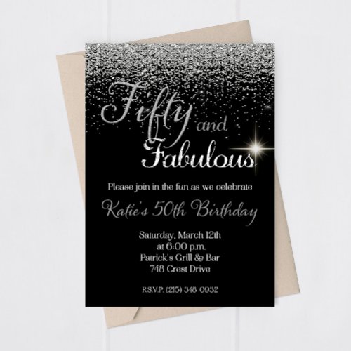 Fifty Fabulous Silver Glitter Birthday Invitation