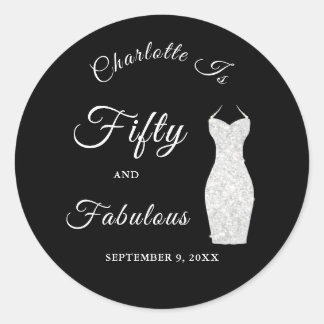 Fifty Fabulous Silver Glitter Dress 50th Birthday Classic Round Sticker