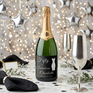 Fifty Fabulous Silver Glitter Dress 50th Birthday Sparkling Wine Label