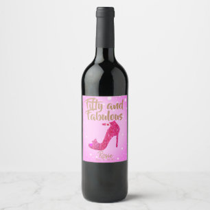 Fifty & Fabulous Sparkly Hot Pink Girly Shoe Text Wine Label