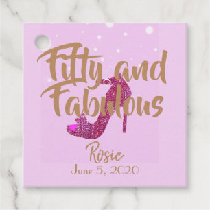 Fifty & Fabulous Text Sparkly Hot Pink Shoe Girly Favor Tags
