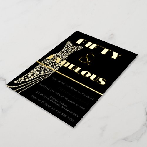 Fifty  Fabulous Vintage Dress Gold 50th Birthday Foil Invitation