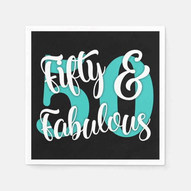 Fifty & Fabulous White and Aqua Typography Paper Napkins (Front)
