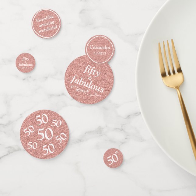 Fifty & Fabulous White on Rose Gold Glitter Table Confetti (Group)