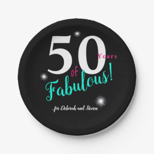 Fifty & Fabulous, white, teal, pink w/ stars Paper Plates