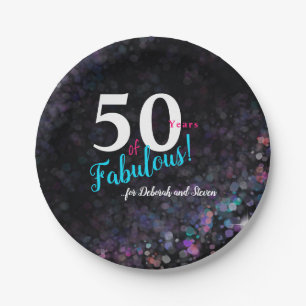 Fifty fabulous years pink, silver teal glitter paper plates